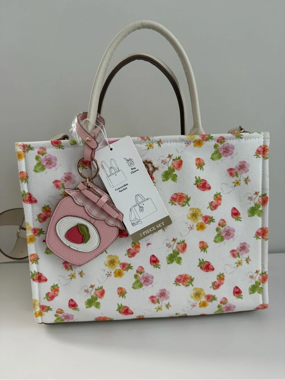Floral Canvas Tote with Pink Charm - Women Bags